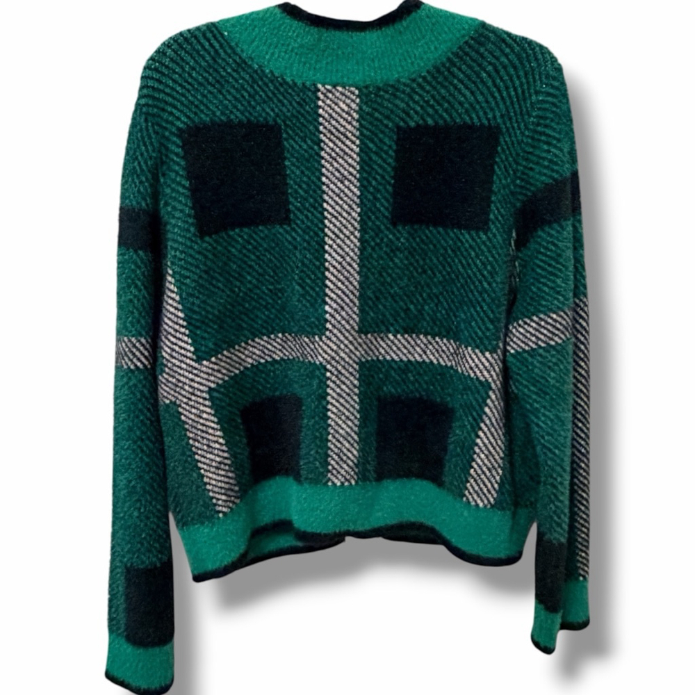 Green Plaid Fuzzy Cardigan Women L Soft Eyelash Knit Cropped Cozy Button Front - Picture 11 of 12